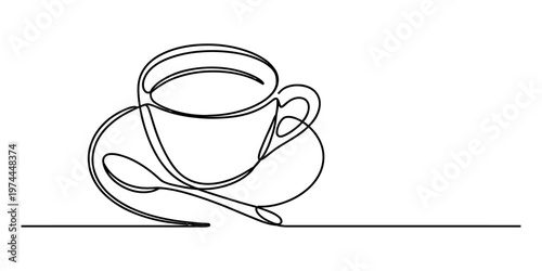 A minimalist single continuous line drawing of a coffee cup with a saucer and a small spoon set Vector, illustration