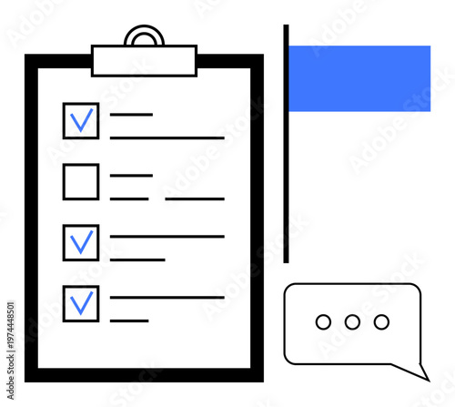 Task management, productivity, organization, feedback, teamwork, communication. A clipboard checklist with checkmarks, a speech bubble and minimalist elements. Task management and productivity idea