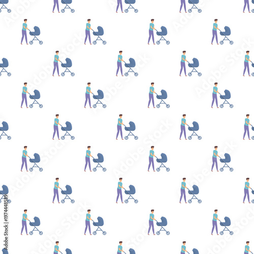 Father pushing a baby stroller in a repeating seamless pattern