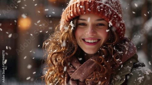 A portrait of a beautiful smiling young woman with curly hair and a knitted orange hat and brown scarf, covered in falling snowflakes on a winter evening.
