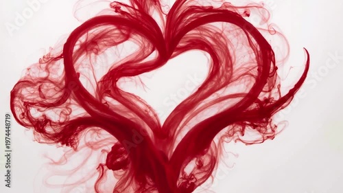 Abstract red ink clouds form a vibrant heart shape in water, creating swirling patterns against a stark white background. This image symbolizes dynamic love, romance, and conceptual art.
