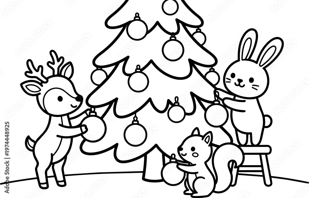 Naklejka premium Black and white line art rabbit squirrel and reindeer decorating christmas tree