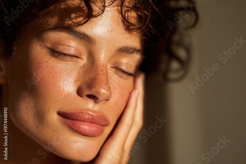 a woman and  soft warm sunlight with gentle shadows, healthy glowing skin, minimal makeup