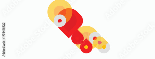 Abstract design features overlapping circles. Red, yellow hues dominate composition. Minimalist style, clean background present.