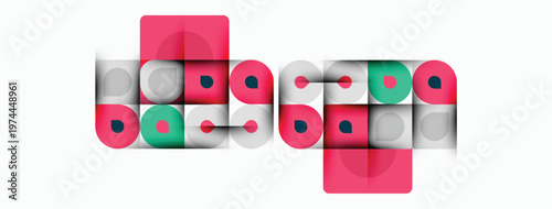 Abstract geometric design. Circles, squares overlap creating playful pattern. Pink, green hues dominate white background. Modern aesthetic.