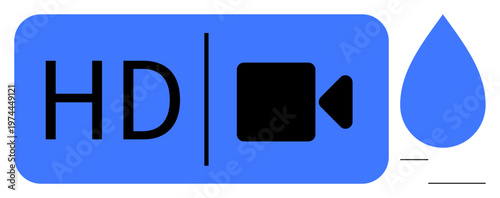 Media streaming, video quality, content creation, water usage, digital technology, design elements. HD text with video camera icon and blue water droplet. Media streaming and video quality concepts