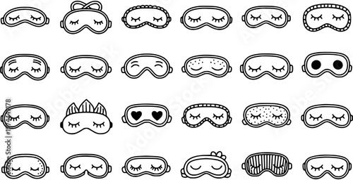 Black and White Line Art of Cute Sleep Masks with Closed Eyes, Vector Illustration