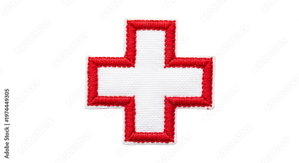 Fototapeta premium White cross patch with red border on transparent background.
