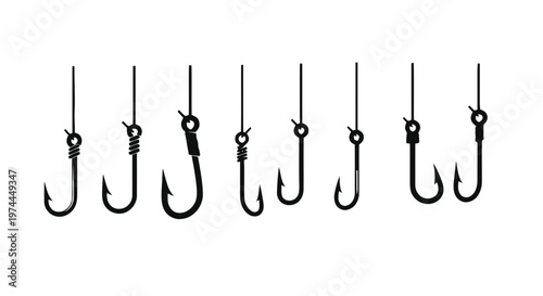 Vector illustration of set of fishing hooks with different knots and attachments on a transparent background