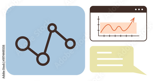 Data visualization, analytics, business growth, technology, communication, networking. A network line chart with data points, a rising trend graph and a chat bubble. Data visualization and analytics