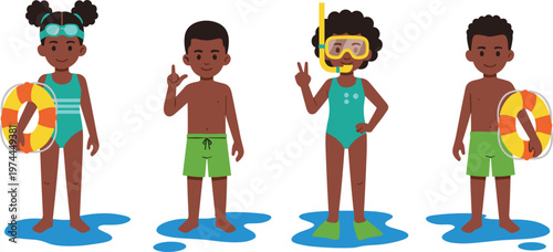 Children in Swimwear with Pool Floats and Snorkel Gear Illustration for Summer, Beach, and Water Sports Concepts