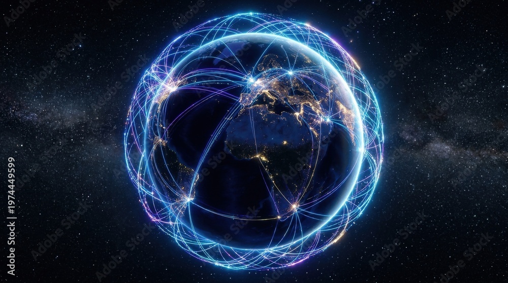 Naklejka premium A luminous artificial intelligence network wraps around a globe, glowing data lines and connection points forming a structured worldwide system of digital communication and AI processing,