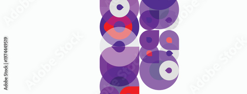 Abstract composition featuring overlapping circles, varying sizes, purple hues, plus red accents. Minimalist design, clean aesthetic.