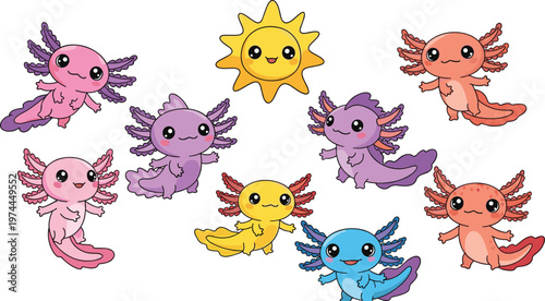 Cute Axolotl Cartoon Character Set with Colorful Smiling Expressions and Sun Element for Kids Illustration and Adorable Aquatic Design