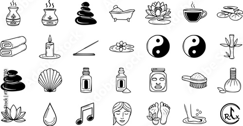 Black  White Line Art Spa and Wellness Icons Set. Hand-drawn outline symbols for Relaxation, Aromatherapy, Massage, Beauty, Zen, Stones, Lotus, Candles, Oils, Face Masks, and Foot Care.