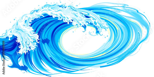 A fresh blue liquid water splash creates a clean ripple and wet droplet motion on a clear white surface with macro waves and a cold nature reflection