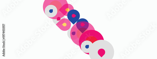 Colorful circles overlap white background. Shapes vary sizes, creating playful composition. Pink, purple, blue hues dominate design.