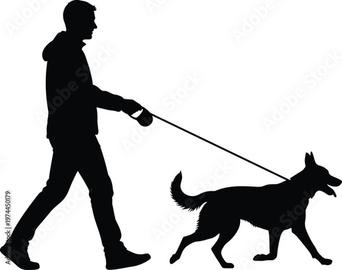 Silhouette of person walking dog on leash