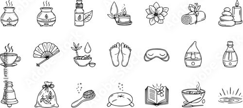 Hand-drawn Black and White Line Art Spa and Wellness Icons Set. Doodle Symbols for Relaxation, Aromatherapy, and Self-care Design Elements.