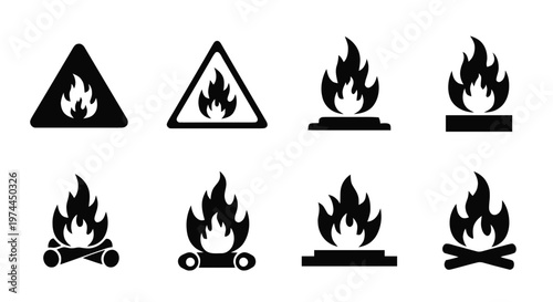 Vector illustration of set of fire icons, bonfire, flame symbols, campfire vector illustrations on a transparent background