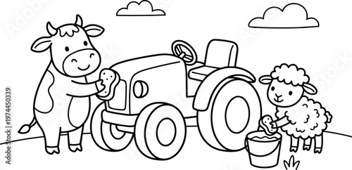 Black and white line art cow and sheep washing tractor with sponges and bucket