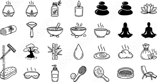 Spa and Wellness Line Art Icons Collection. Hand-drawn symbols for relaxation, aromatherapy, massage, and self-care in black and white style.