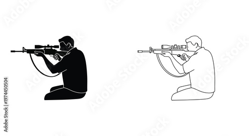 Sniper in position a black and white illustration of a marksman aiming
