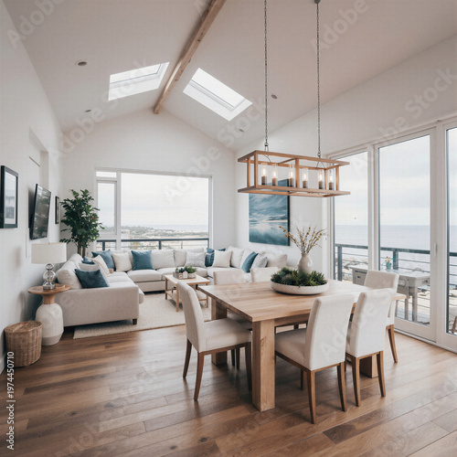 Minimalist open plan home interior featuring a bright dining area and a modern kitchen for elegant residential architecture and relaxing contemporary lifestyle design.