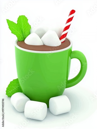 Warm Hot Chocolate with Marshmallows and Candy Cane in Green Mug