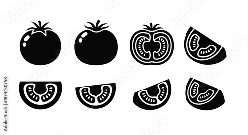 Vector illustration of set of black tomato icons, whole and sliced, on a transparent background