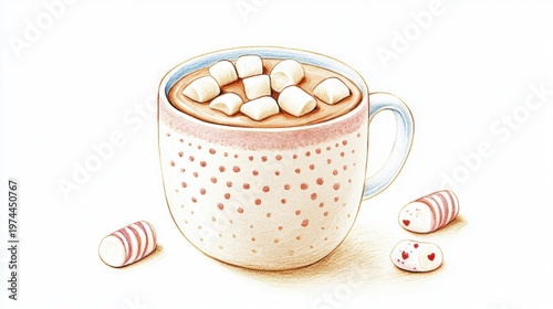 Warm Hot Chocolate with Marshmallows and Peppermint Candies Watercolor Illustration