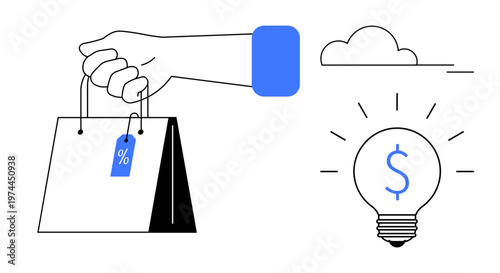 Online shopping, discount offers, retail innovation, creative commerce, business strategy, saving money. Hand holding a shopping bag with a tag and lightbulb. Online shopping and discount offers