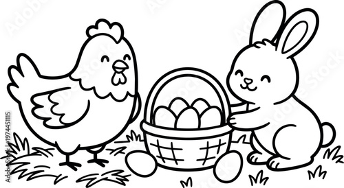 Black and white line art bunny and chicken with basket of eggs on grass