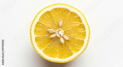 Fresh lemon slice: vibrant yellow citrus fruit with seeds on white background
