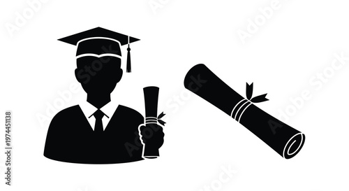 Graduation icon depicting a student with diploma and mortarboard