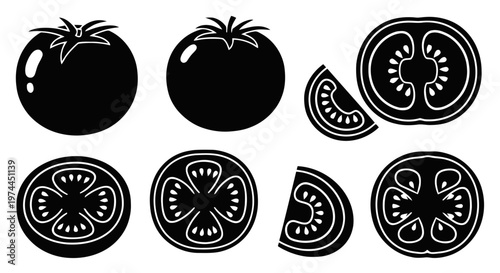 Vector illustration of set of fresh whole and sliced tomatoes on a transparent background
