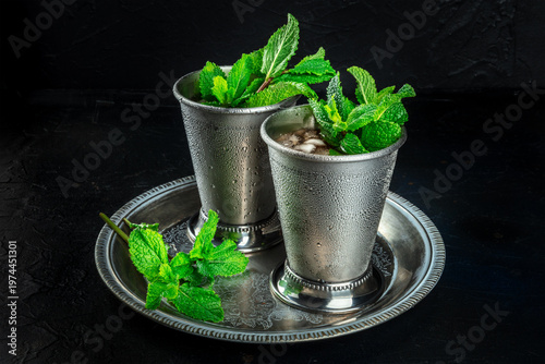 Mint Julep in the Kentucky Derby classic silver glass, with fresh mint leaves