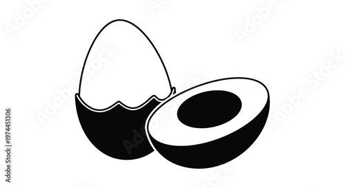 Simple black and white illustration of a cracked egg and avocado half
