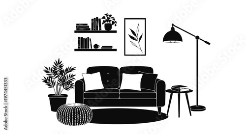 Vector illustration of modern living room interior with sofa, shelves, plants and floor lamp on a transparent background