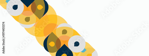 Abstract geometric shapes overlap, creating vibrant yellow, blue tones. Minimalist design, clean lines, modern aesthetic.