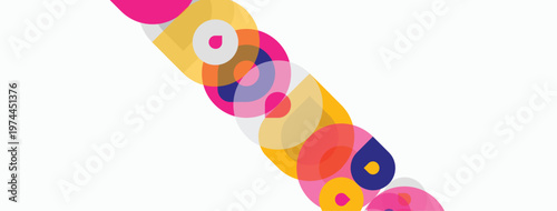 Abstract colorful circles overlap diagonally across white background. Bright hues create dynamic visual pattern. Simple geometric shapes dominate composition.