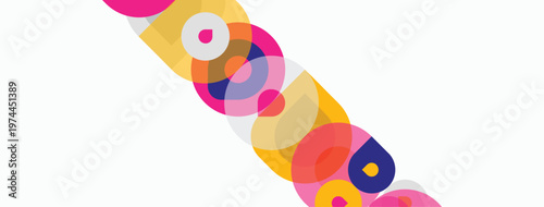 Abstract colorful circles overlap diagonally across white background. Vibrant hues create dynamic visual pattern. Simple geometric shapes dominate composition.