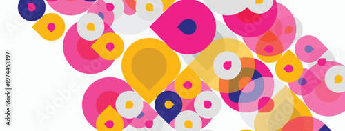 Abstract circles overlap, creating vibrant colorful pattern. Pink, yellow, purple hues dominate composition. Modern design element.