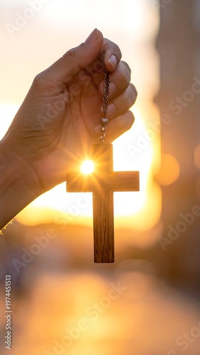 A person's hand holds a wooden cross silhouetted against a bright, warm sunset. Sunlight shines through it, creating a spiritual glow