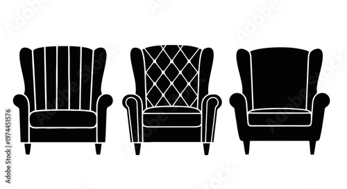 Vector illustration of set of three different wingback armchairs in black and white style on a transparent background