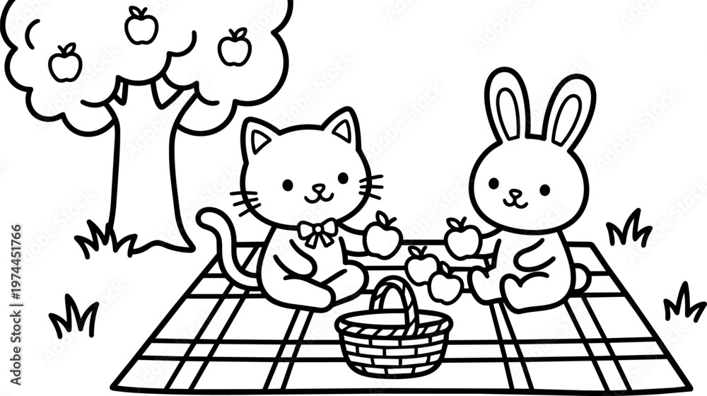 Fototapeta premium Black and white line art cat and rabbit having picnic with apples on blanket under apple tree