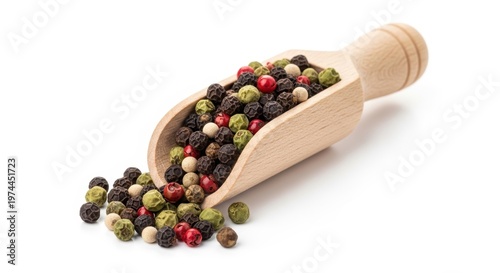 Wooden scoop with colorful mixed peppercorns on white background