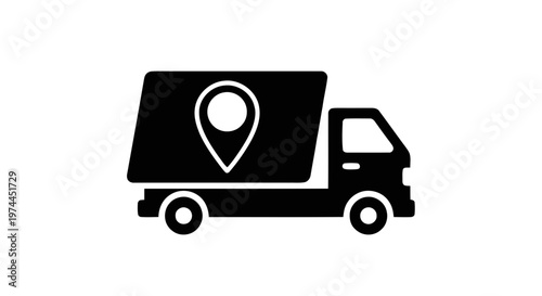 Vector illustration of delivery truck icon with location pin symbol on the side on a transparent background
