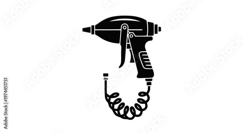 Vector illustration of black silhouette icon of a pneumatic air blow gun with coiled hose on a transparent background