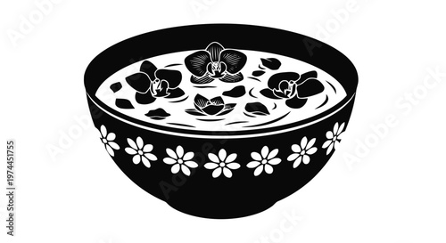 Vector illustration of bowl with water and floating orchid flowers on a transparent background